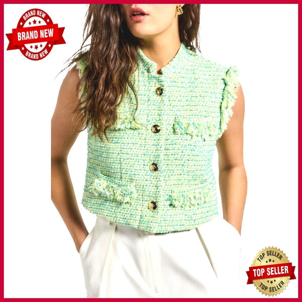 Sleeveless Tweed Blazer with Frayed Details, Notch Collar, Regular Fit